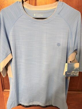 Coolibar Light Blue and Cream UPF 50+ Short Sleeve Sun Tee